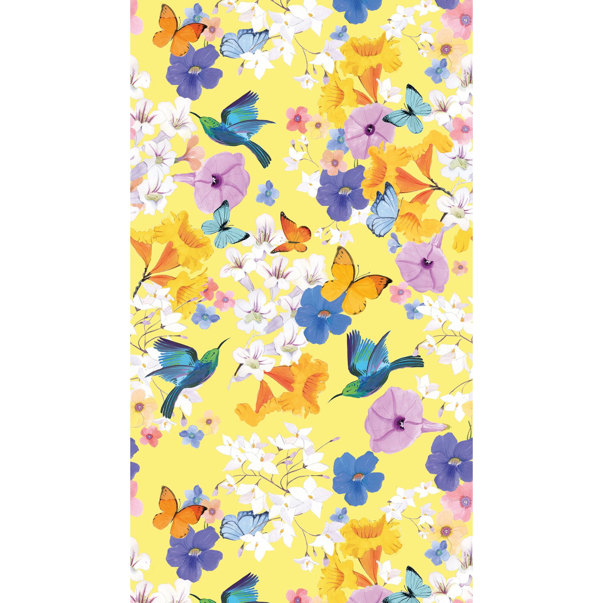 Kolibri und Schmetterlinge auf gelbem Hintergrund