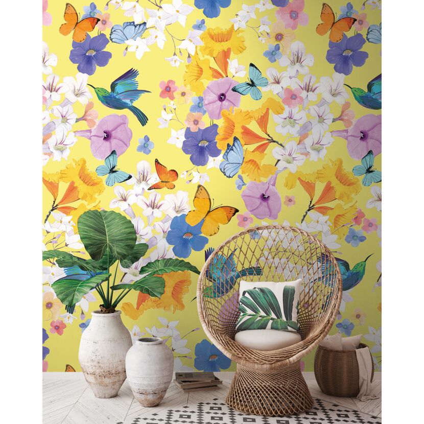 Gelbe Fototapete mit Blumen und Kolibris