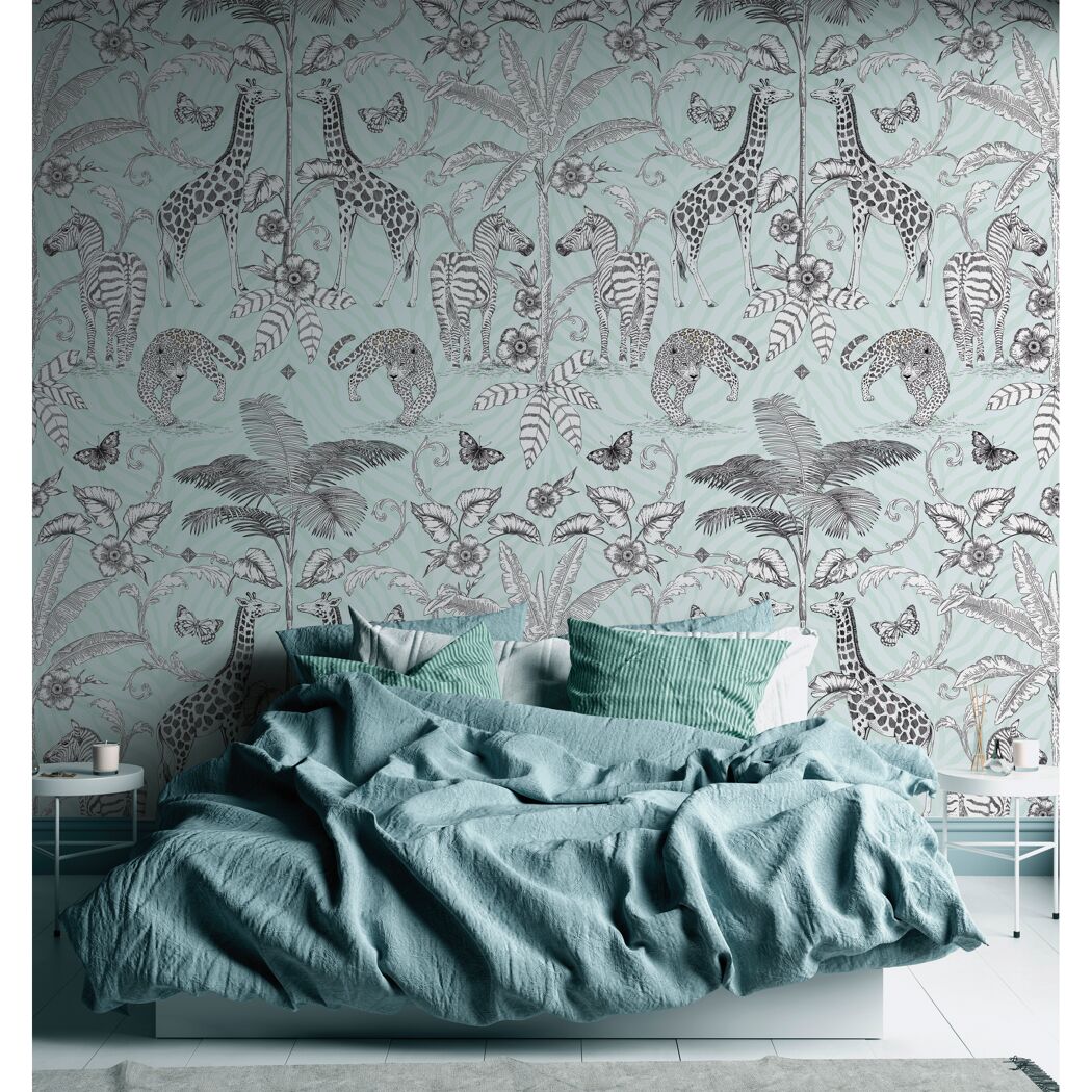 Schlafzimmer mit Tapete mit Zebra Giraffe und Leopard