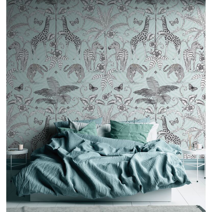 Schlafzimmer mit Tapete mit Zebra Giraffe und Leopard