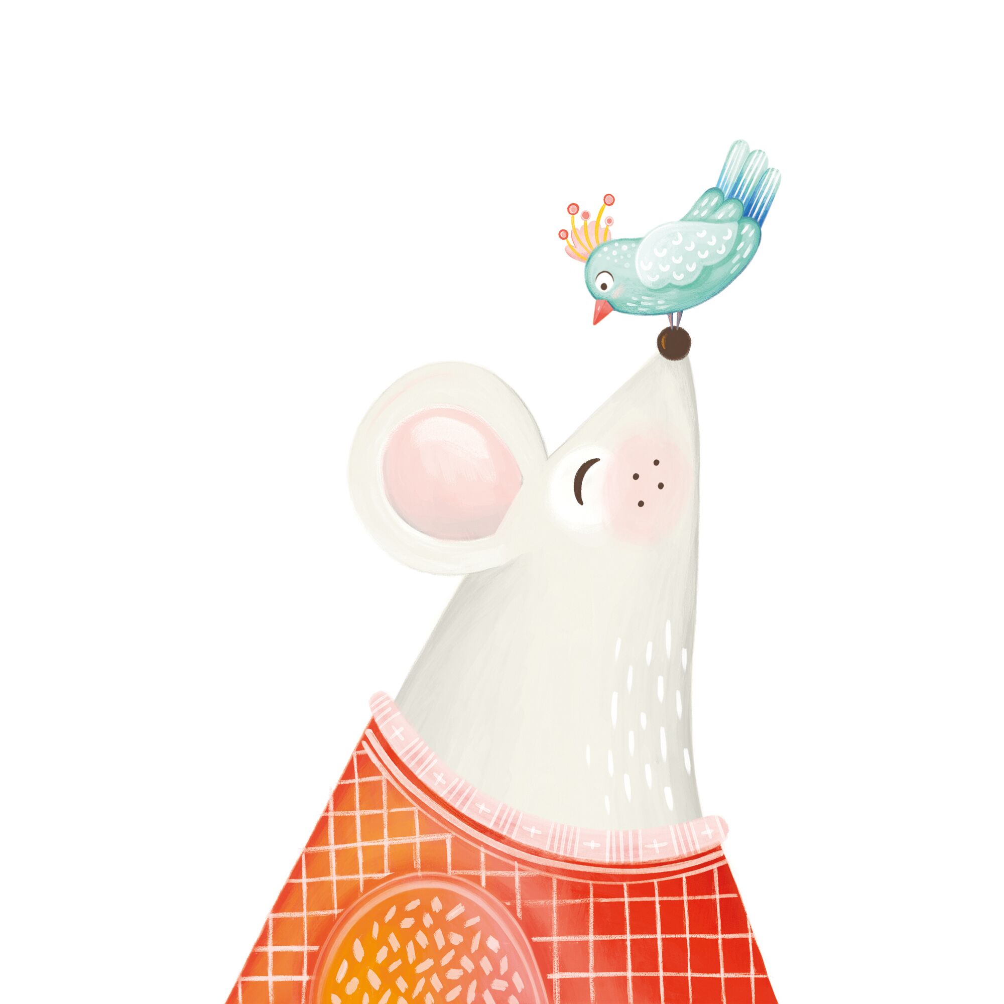 Maus mit Vogel auf dem Kopf