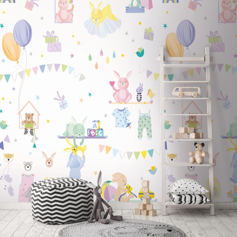 Kinderzimmer mit Tapete mit Tieren, Ballons und Geschenken