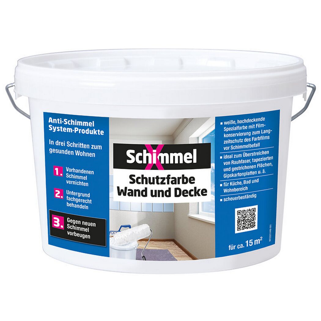 Eimer mit Schimmelschutzfarbe und Farbrolle