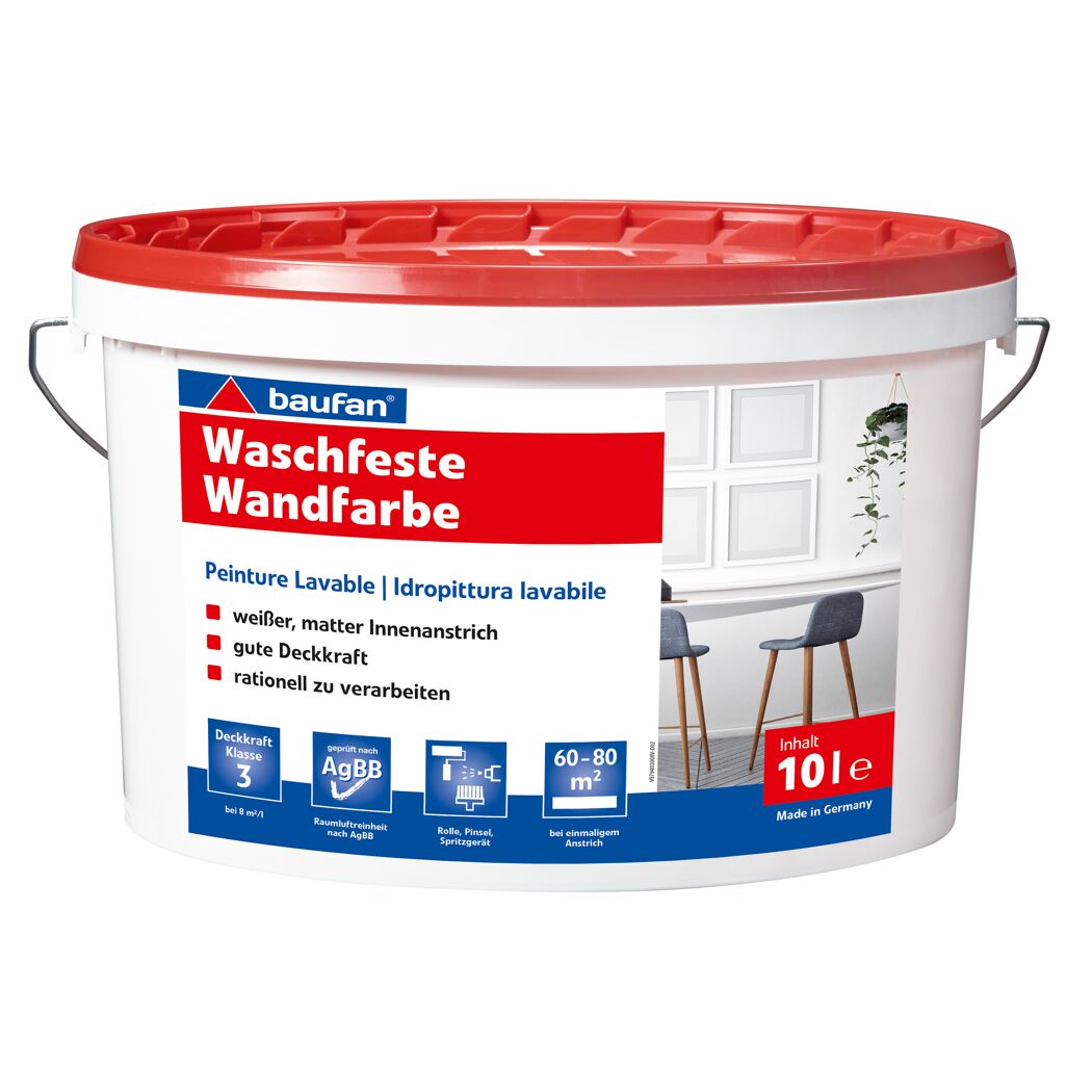 Weißer Eimer mit rotem Deckel, 10 l Wandfarbe