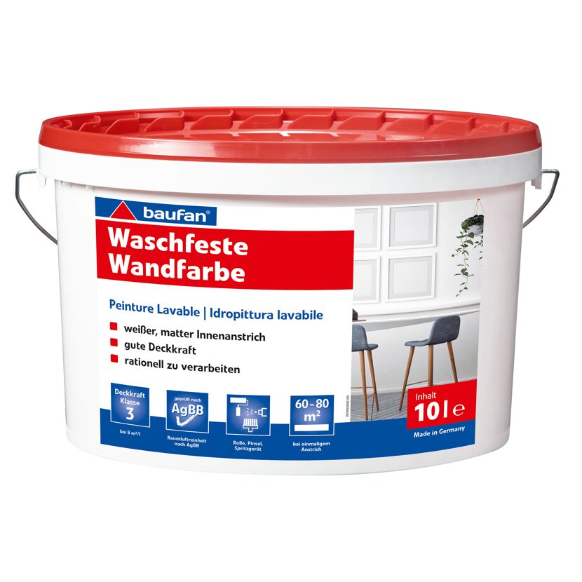 Weißer Eimer mit rotem Deckel, 10 l Wandfarbe