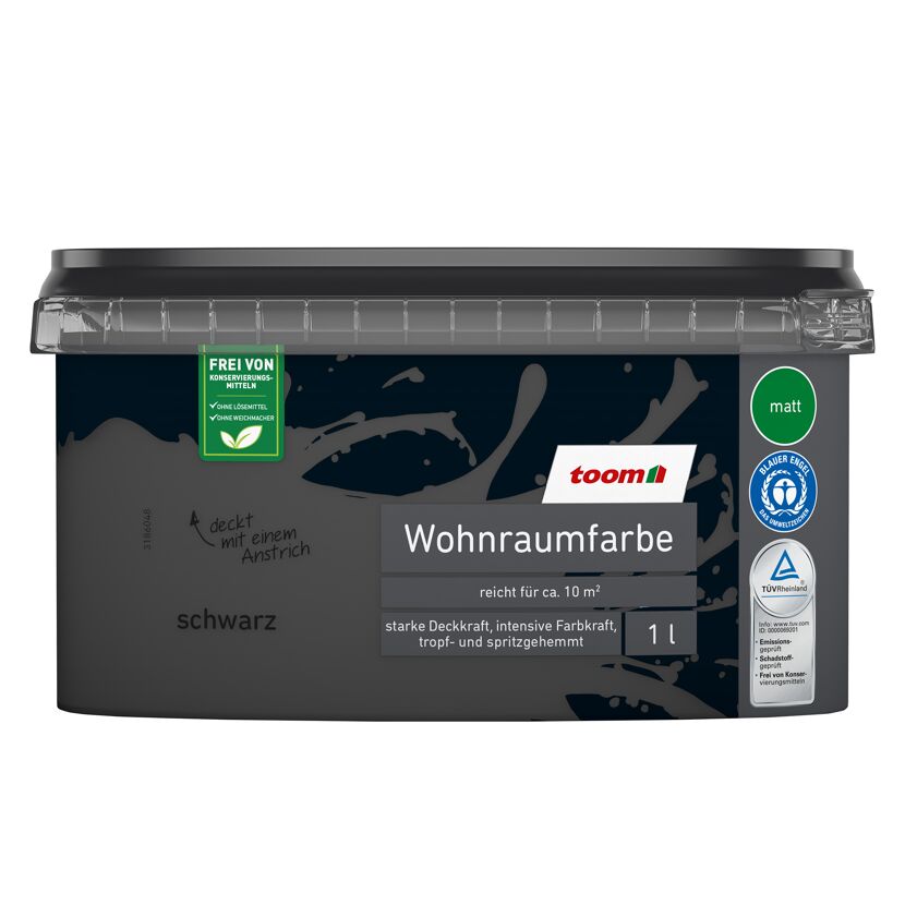 Schwarze Wohnraumfarbe von toom im 1-Liter-Eimer.