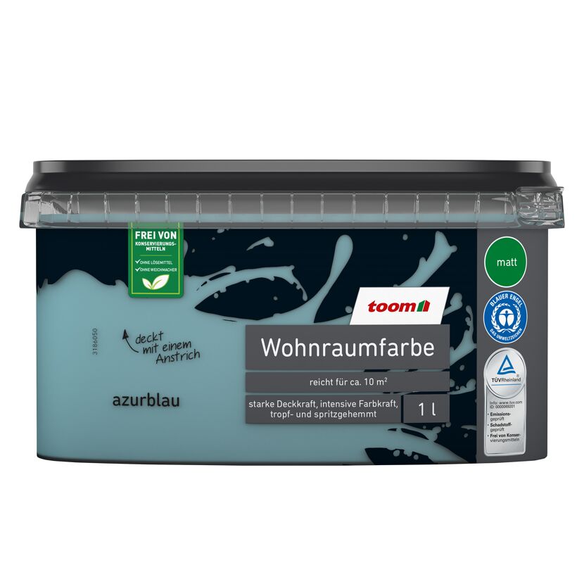 Azurblaue Wohnraumfarbe von toom im 1-Liter-Eimer