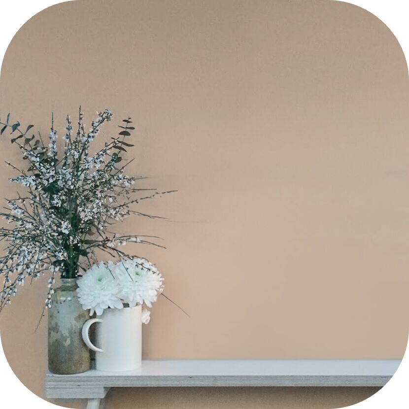 Weiße Blumen in Vase und Tasse auf einem Wandregal