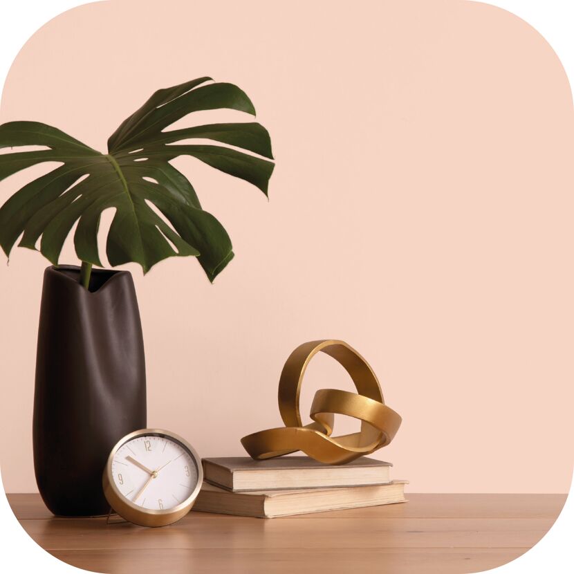 Monstera-Blatt in einer Vase, daneben eine Uhr und Bücher