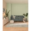Wohnzimmer mit mintgrüner Wand und grauer Couch