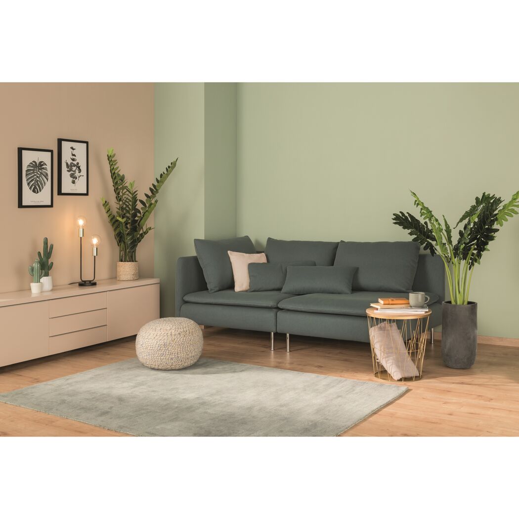 Wohnzimmer mit mintgrüner Wand und grauer Couch