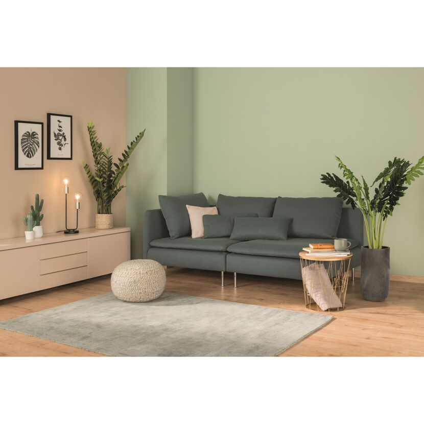 Wohnzimmer mit mintgrüner Wand und grauer Couch