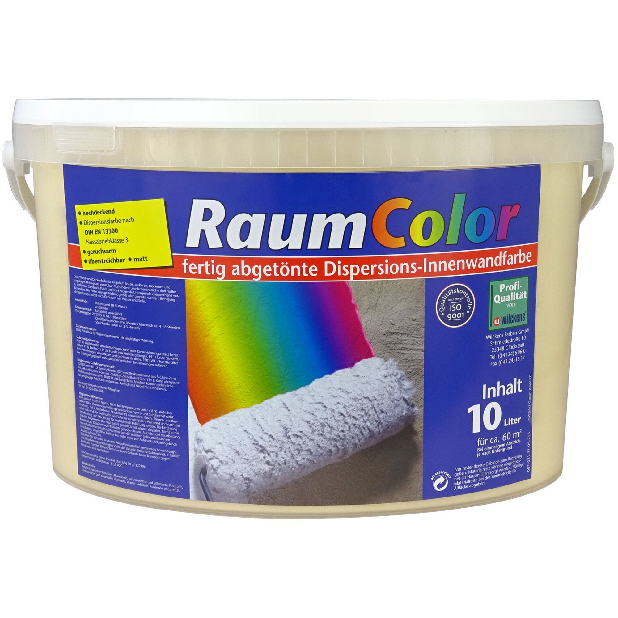 Eimer mit RaumColor Dispersions-Innenwandfarbe und Farbrolle
