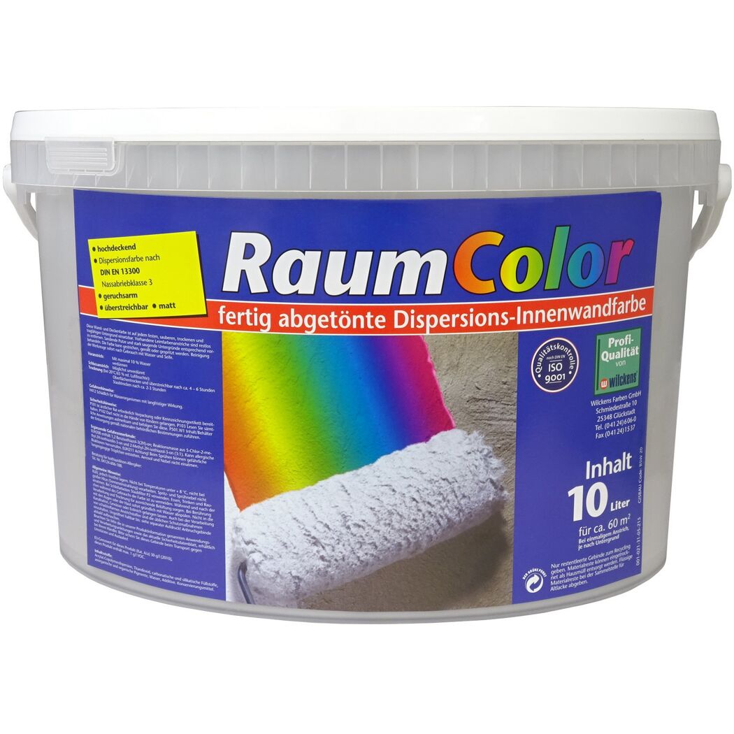 Eimer mit RaumColor Dispersions-Innenwandfarbe und Farbrolle