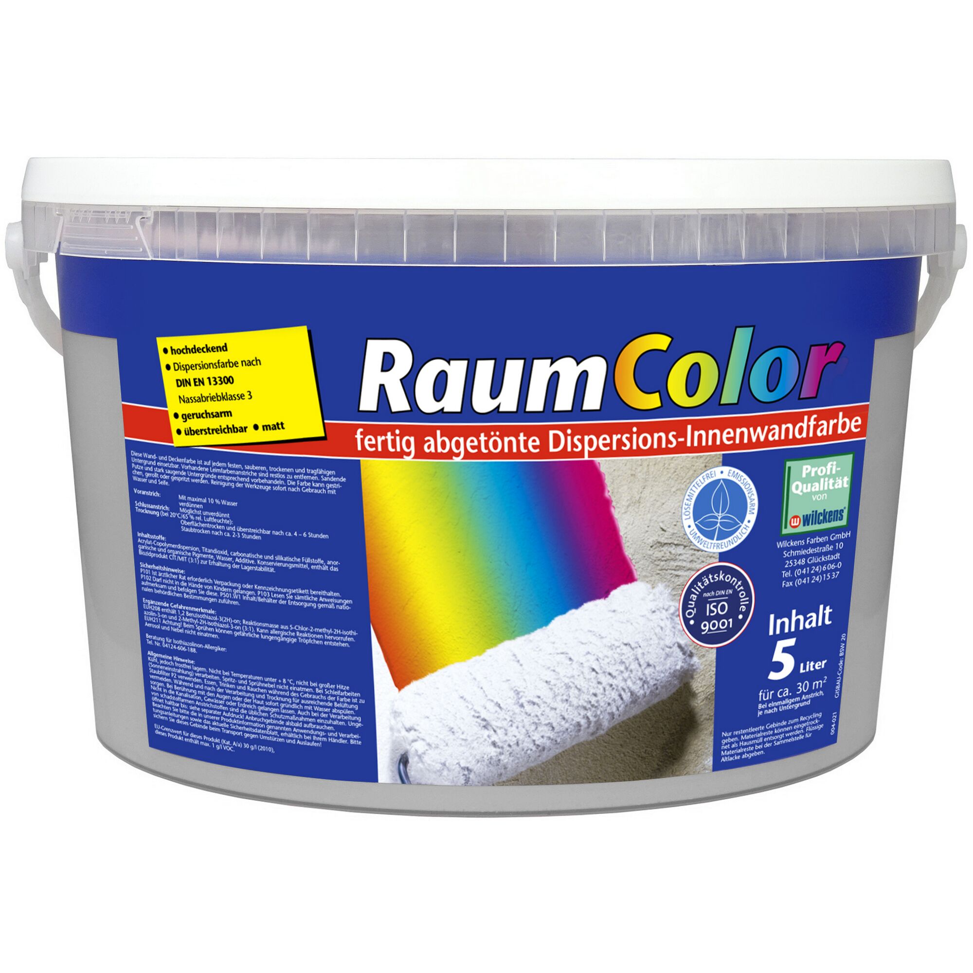 Eimer mit RaumColor Dispersions-Innenwandfarbe und Farbrolle