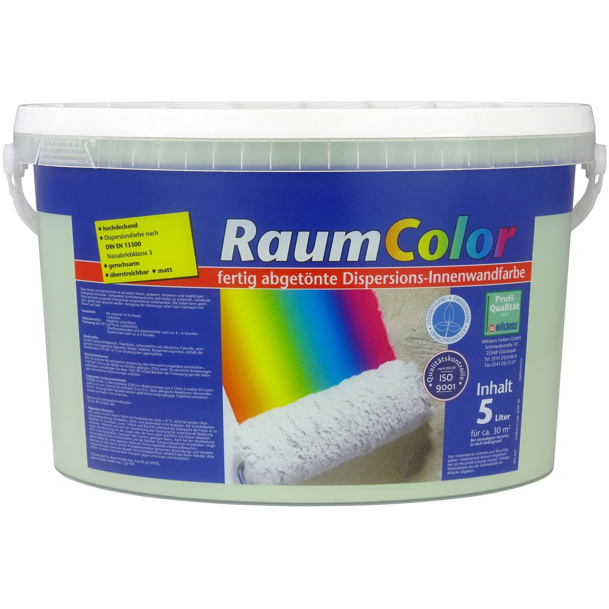 5 Liter Eimer RaumColor Dispersions-Innenwandfarbe pastellgrün und Farbrolle