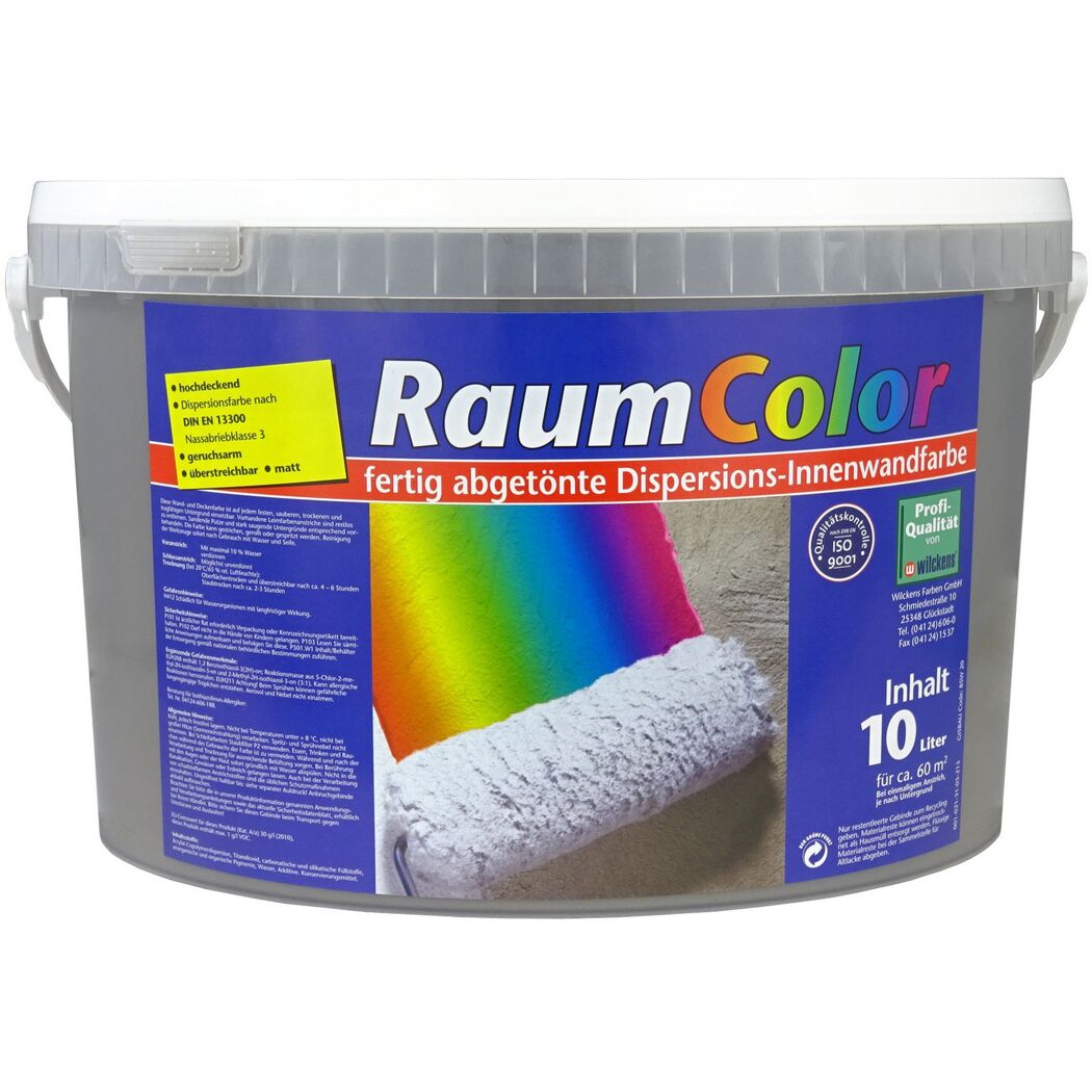 10-Liter-Eimer graue Dispersionsfarbe und Farbrolle