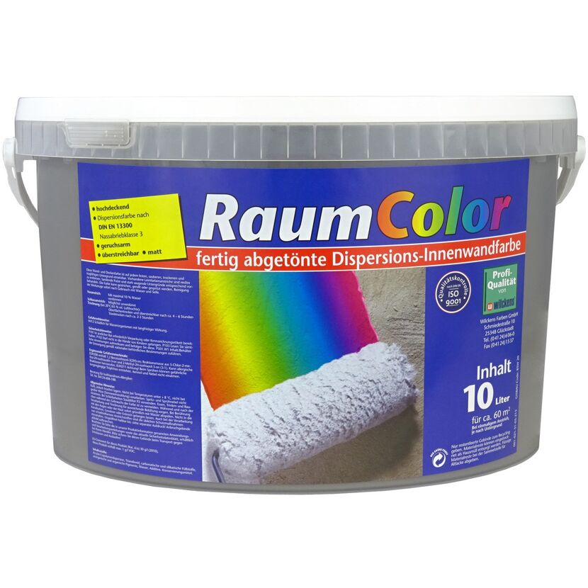 10-Liter-Eimer graue Dispersionsfarbe und Farbrolle