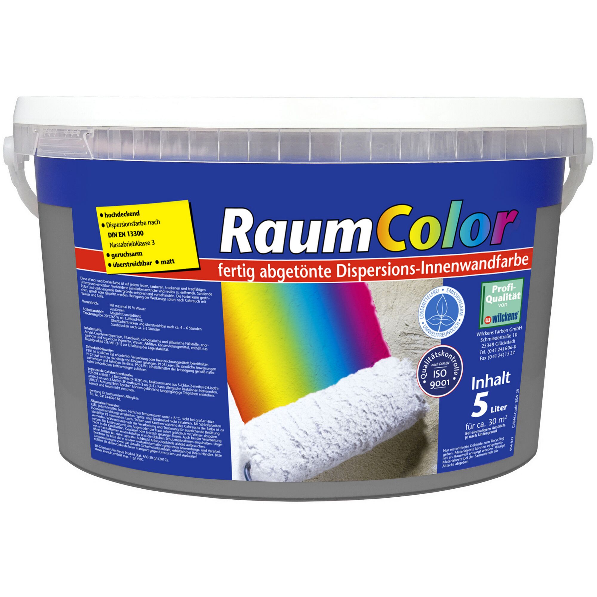Eimer graue Wandfarbe RaumColor mit Farbrolle