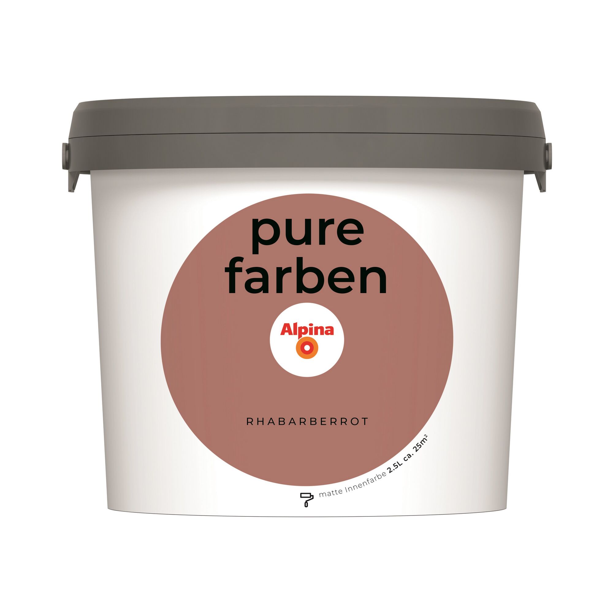 Weißer Farbeimer Alpina Pure Farben Rhabarberrot matt
