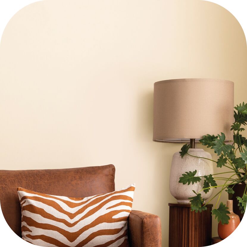 Sofa, Lampe und Pflanze vor beigefarbener Wand