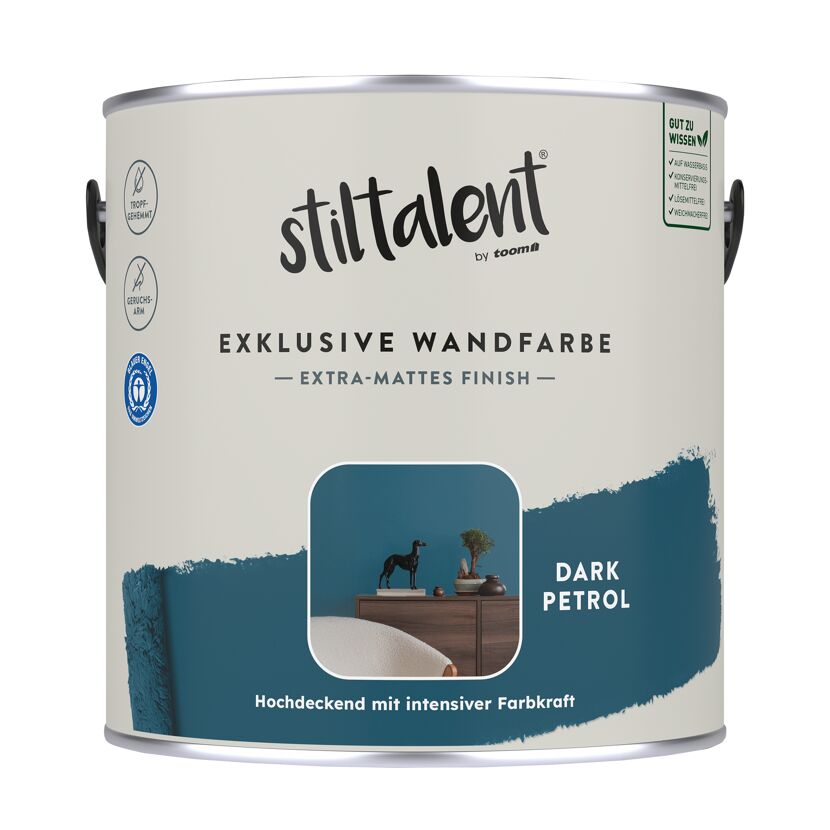 Blaue Wandfarbe Dunkelpetrol im Farbtopf
