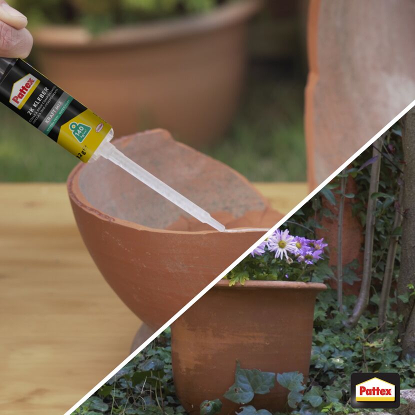 Eine Person klebt einen kaputten Blumentopf mit Pattex Kraft Mix.