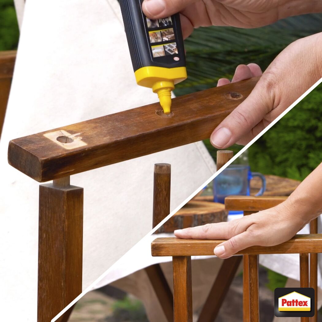 Person klebt einen abgebrochenen Holzstuhl mit Pattex.