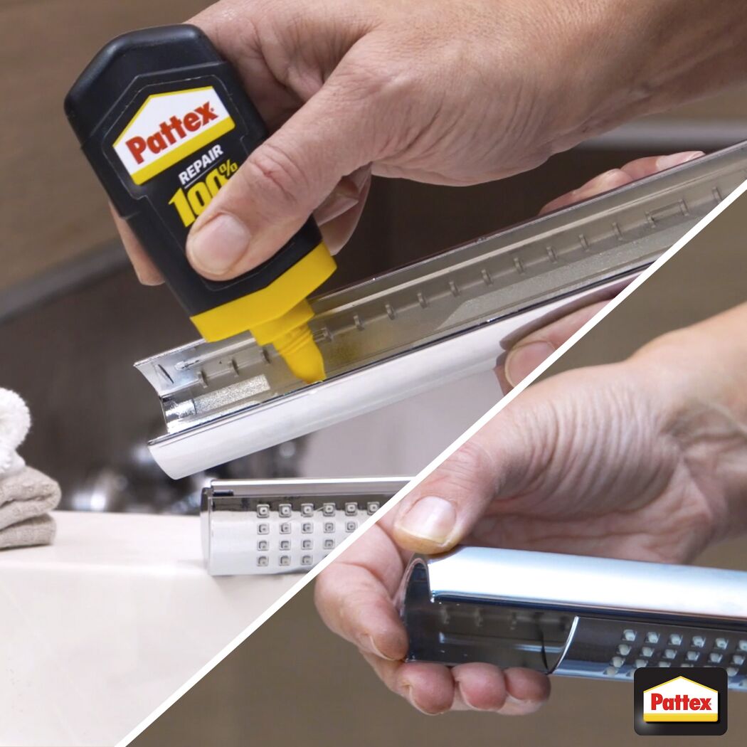 Person klebt Duschstange mit Pattex Repair 100%