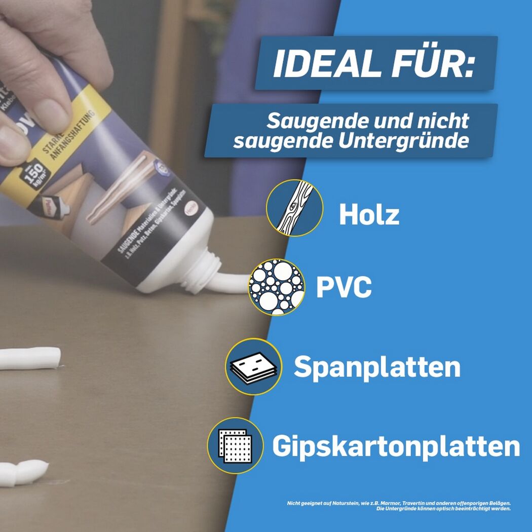 Person trägt Pattex Montagekleber auf Holz auf.