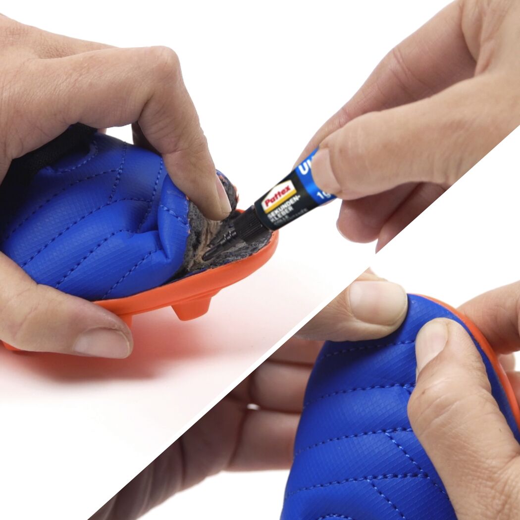 Eine Person klebt einen Schuh mit Pattex Sekundenkleber.