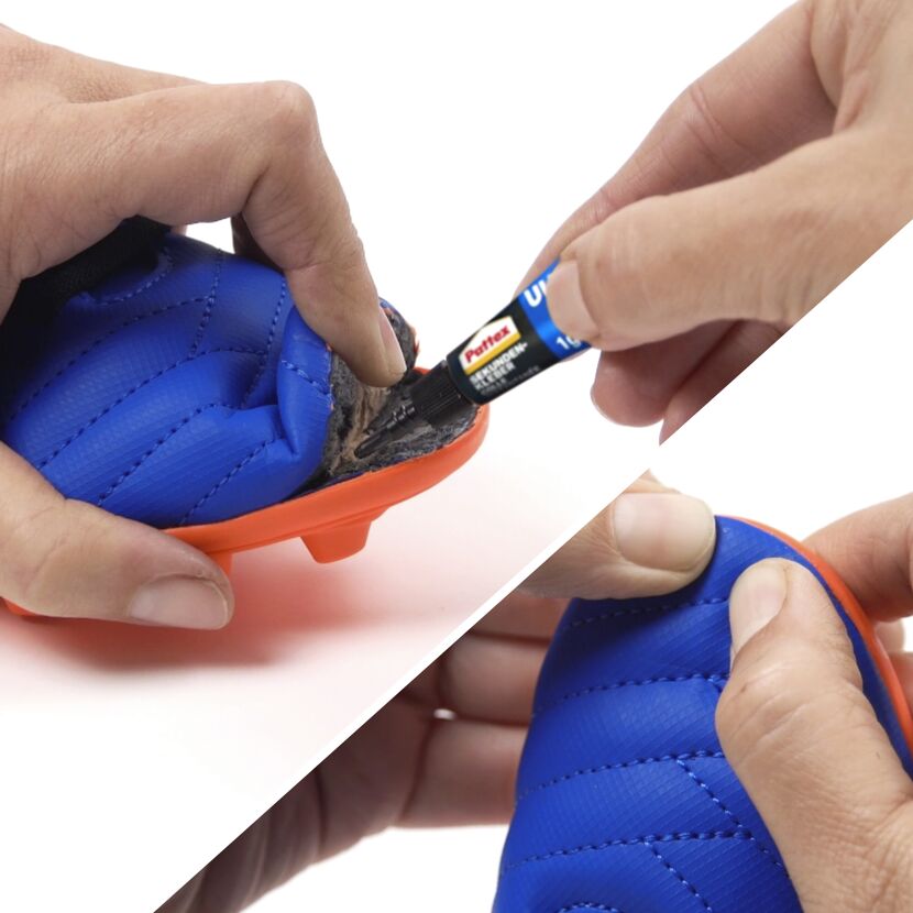 Eine Person klebt einen Schuh mit Pattex Sekundenkleber.