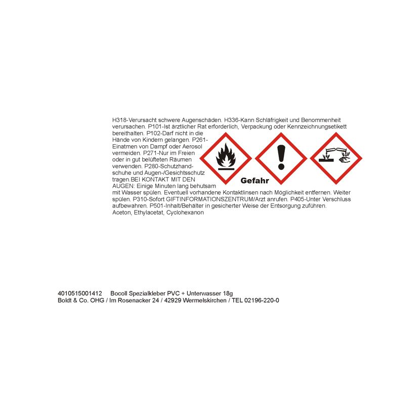 Bocoll Spezialkleber PVC + Unterwasser, Gefahrenhinweise