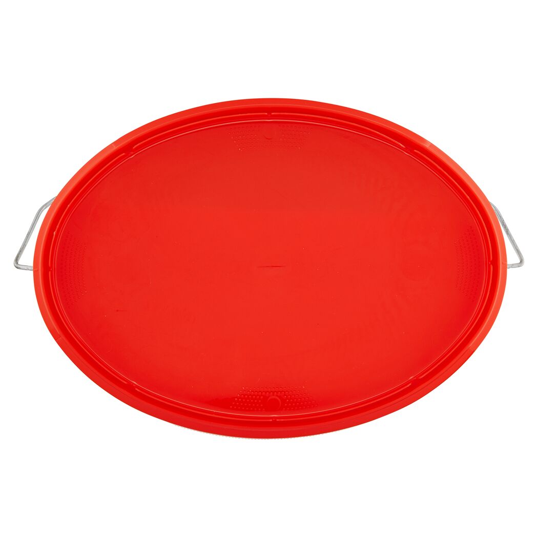 Roter Eimerdeckel mit Metallgriffen.