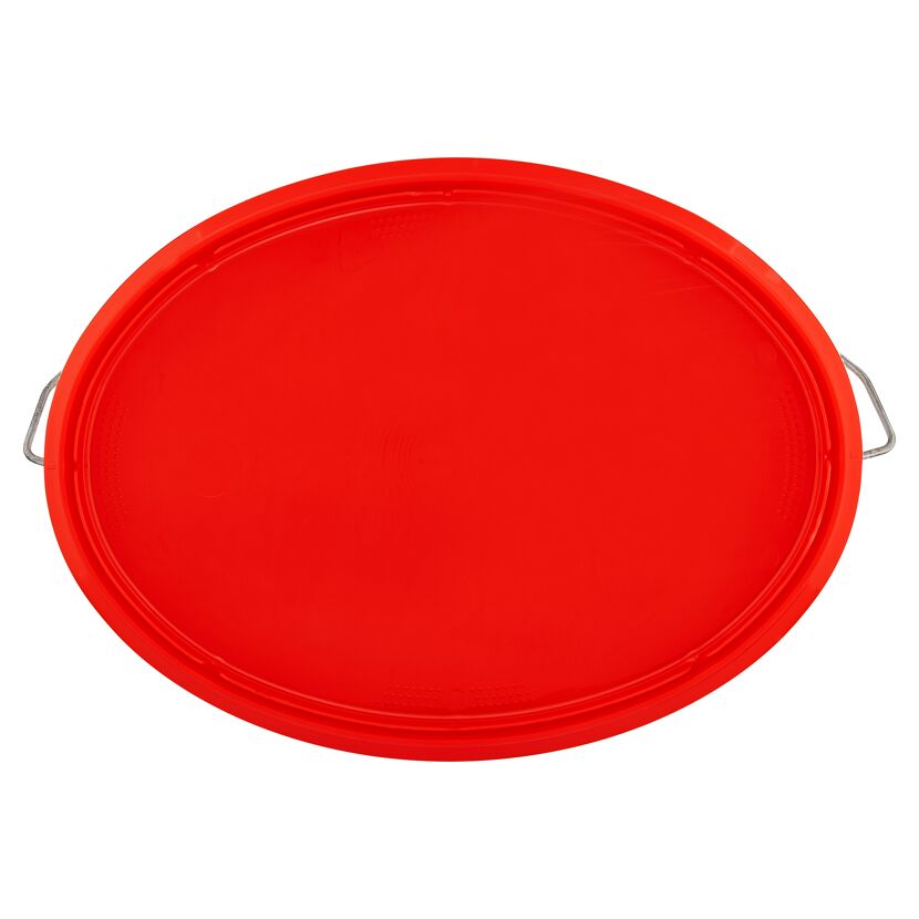 Roter Eimerdeckel mit Metallgriffen.