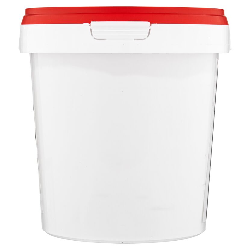 Weißer Kunststoffeimer mit rotem Deckel