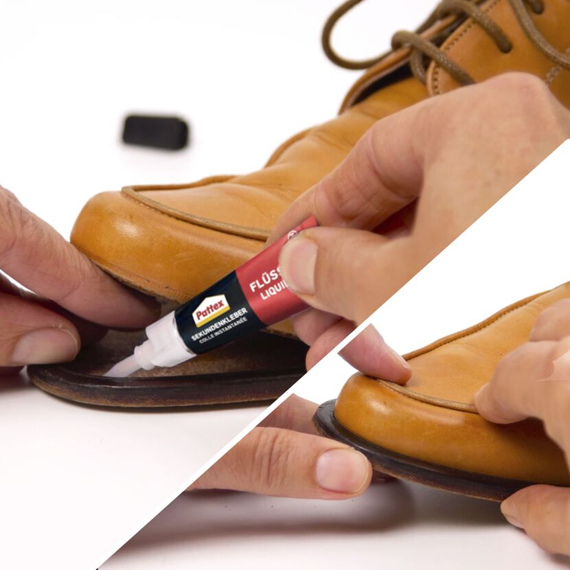 Eine Person klebt einen Schuh mit Pattex Sekundenkleber.