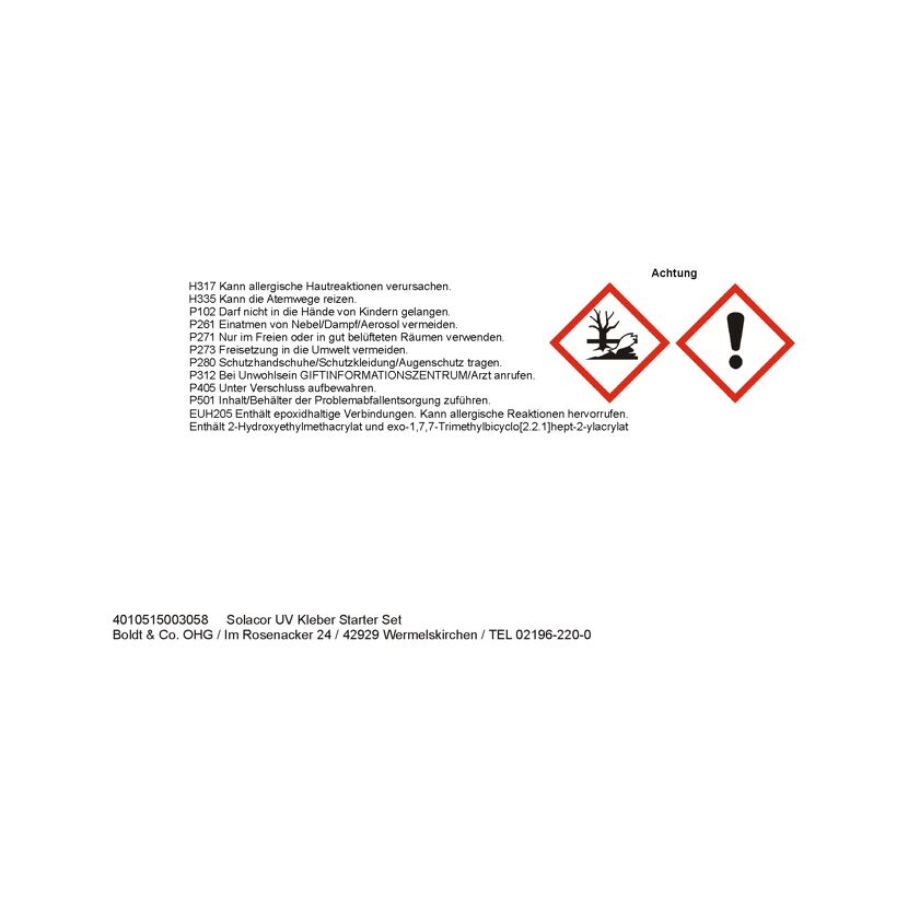 Sicherheitshinweise und Herstellerinformationen für Solacor UV Kleber Starter Set