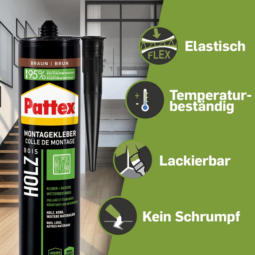 Pattex Montagekleber Holz, Kartusche, elastisch, temperaturbeständig, lackierbar, kein Schrumpf