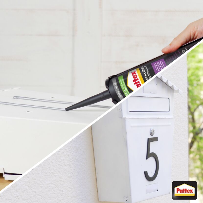 Person verwendet Pattex Kleber für einen Briefkasten.