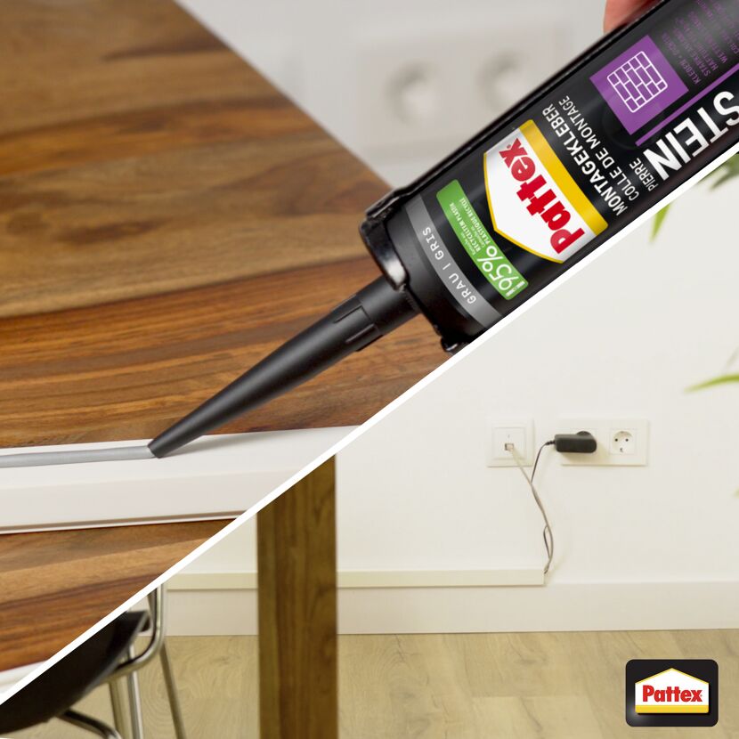 Pattex Montagekleber für Steine wird auf eine Fußleiste aufgetragen.