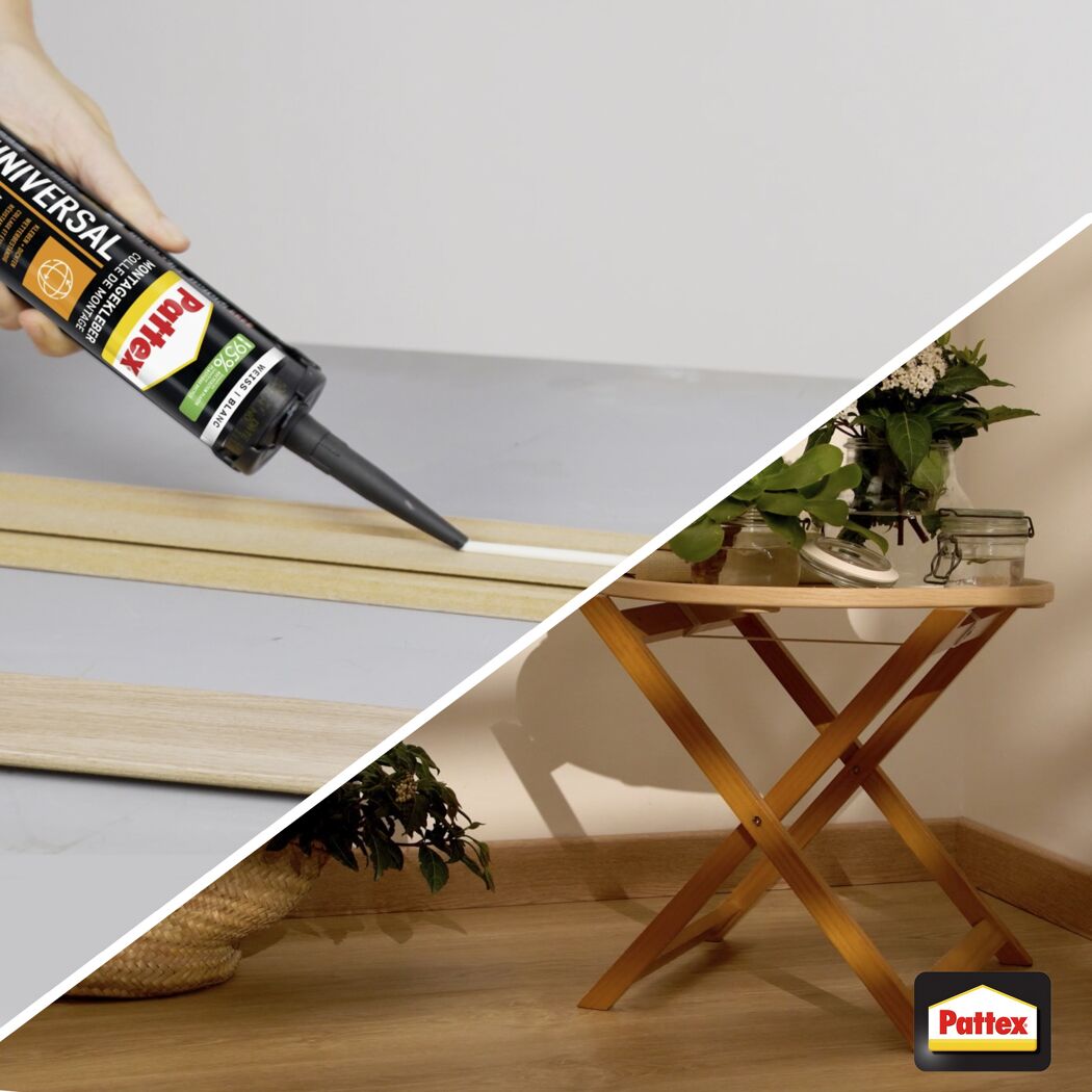 Person verklebt Holzleisten mit Pattex Montagekleber.