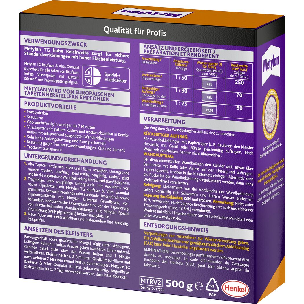 Metylan TG Raufaser und Vlieskleister 500g