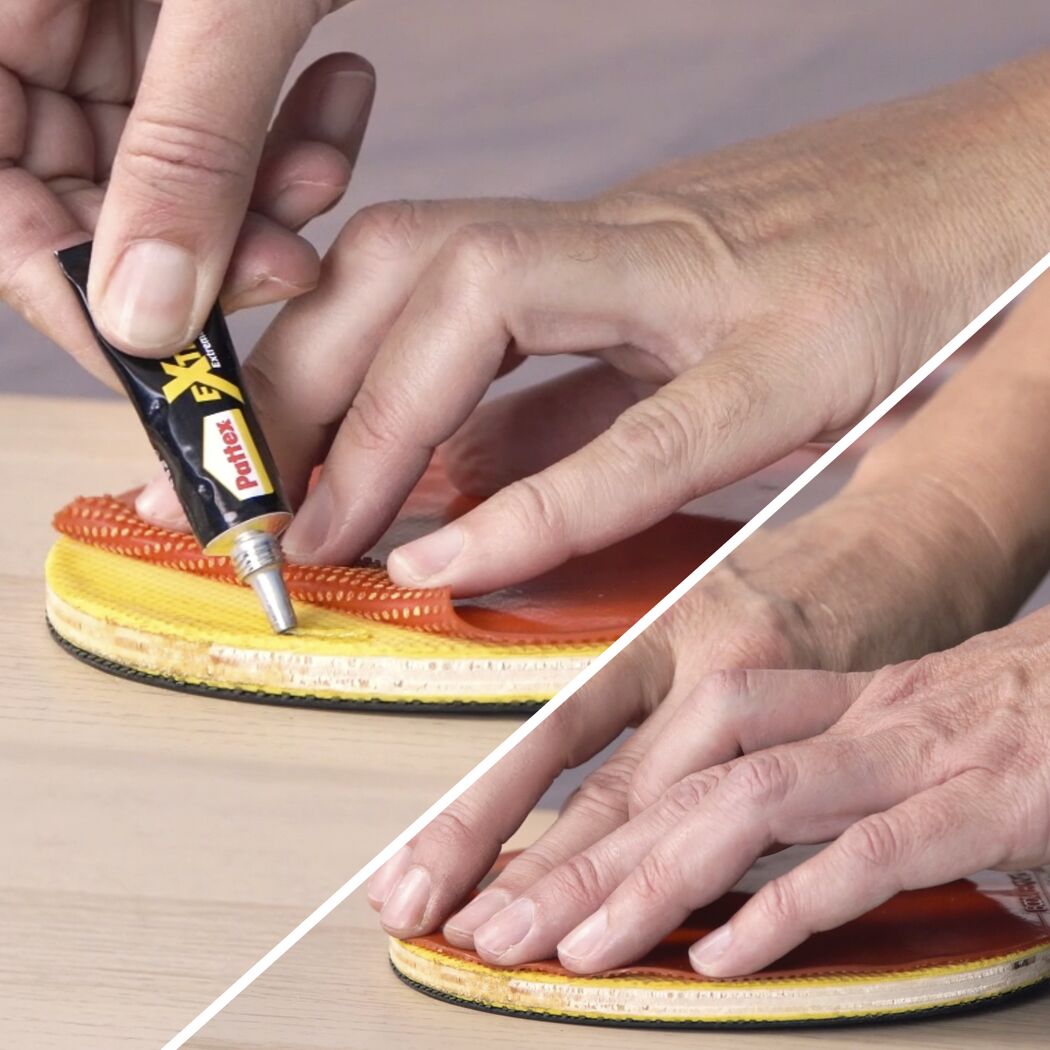 Person klebt einen Tischtennisschläger mit Pattex Extreme Power Kleber.