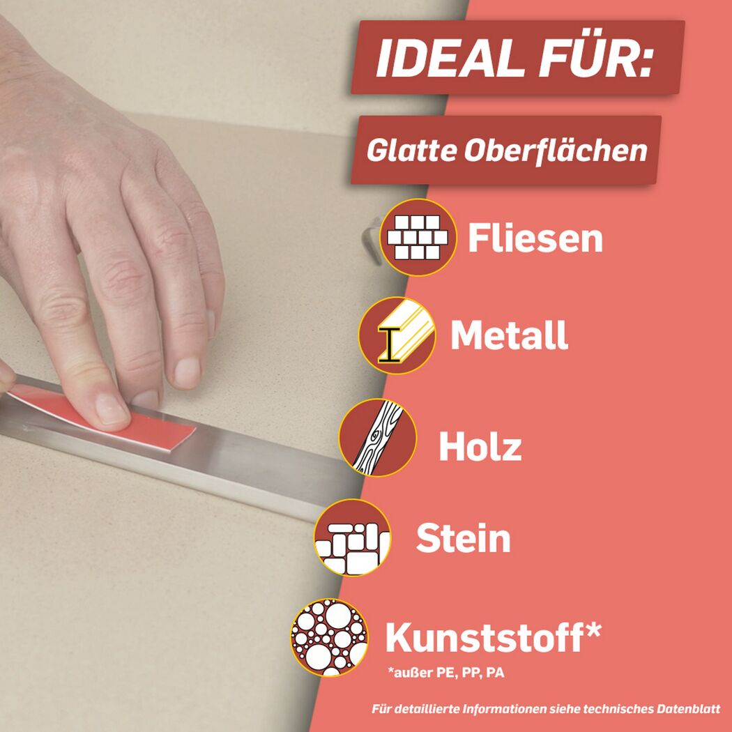 Person klebt Pattex Montage Klebeband auf Metall.
