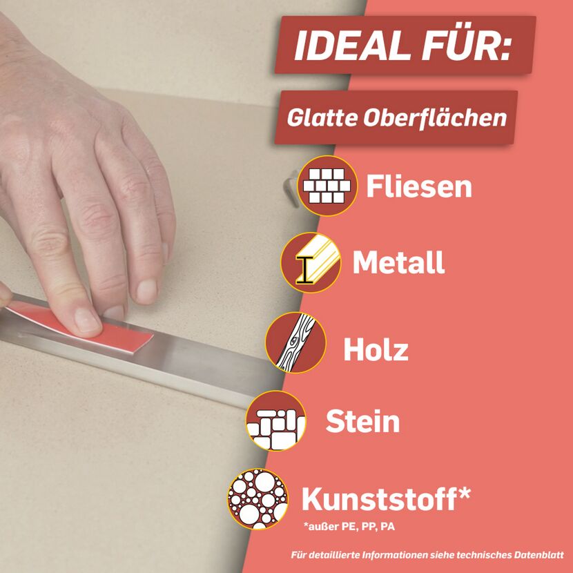 Person klebt Pattex Montage Klebeband auf Metall.