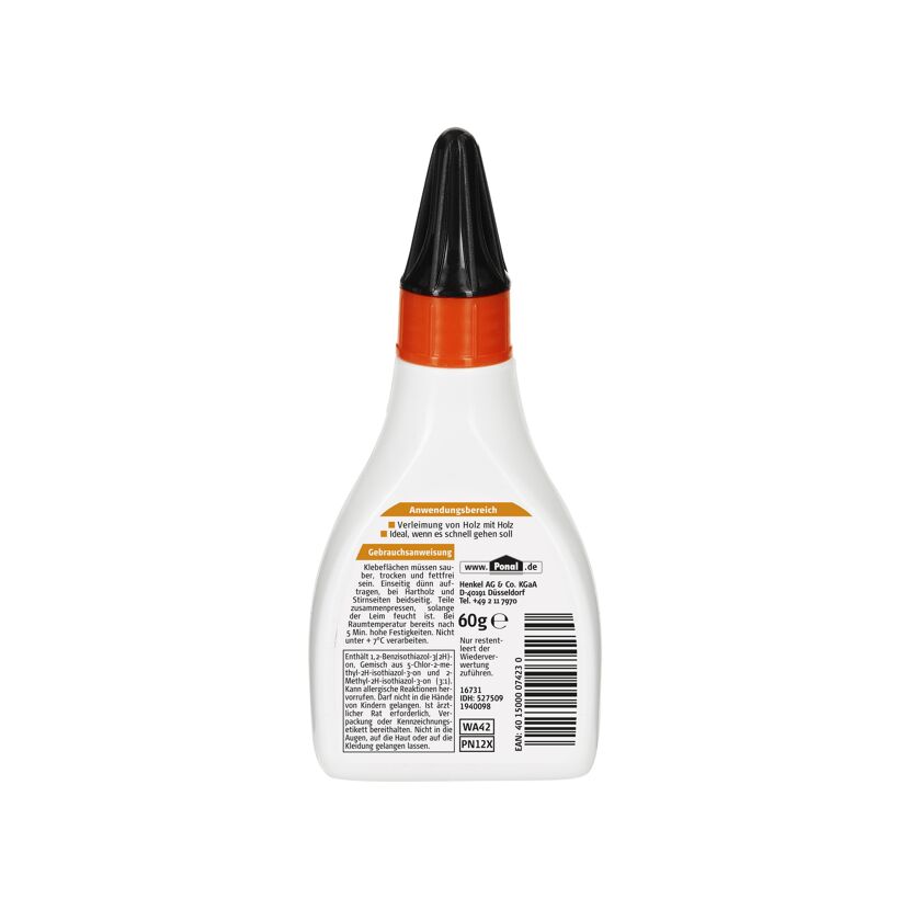 Ponal Express Holzleim, weiße Flasche mit orangem Deckel.