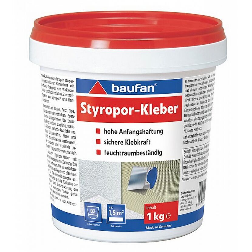 Weißer Eimer mit Styroporkleber und Spachtel