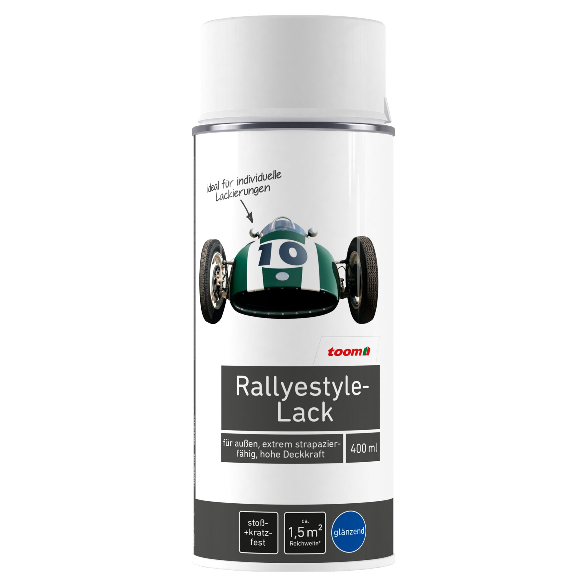 Weiße Sprühdose mit dem Aufdruck eines grünen Rallyeautos