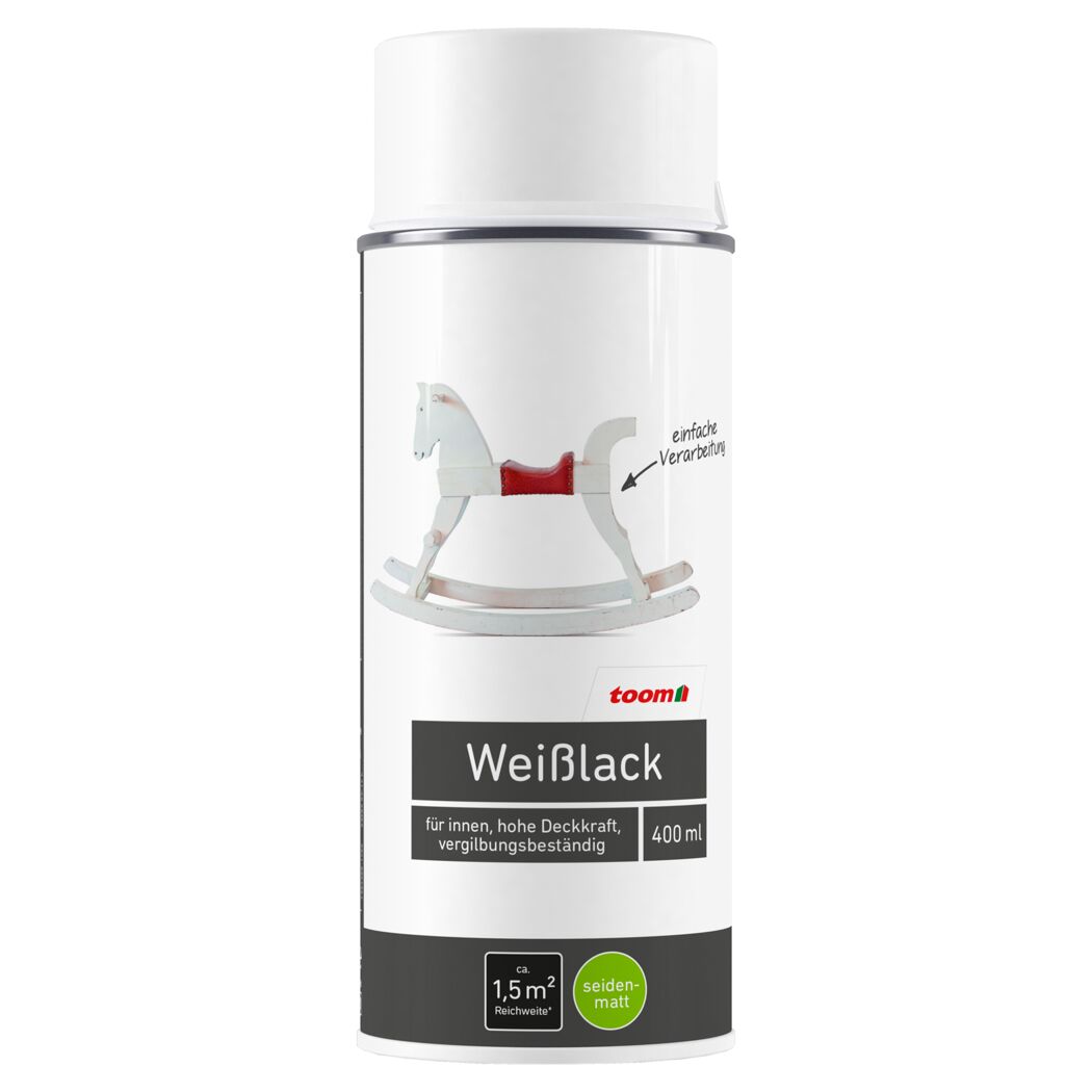Weiße Sprühlackdose mit Schaukelpferd